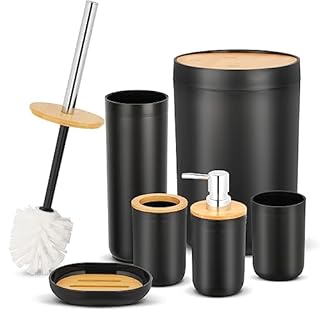 Worephu Bathroom Accessory Set, 6pc Plastic Bathroom Accessories with Trash Can, Toothbrush Holder, Plastic Cup, Soap Dish, Lotion Dispenser, Toilet Brush & Toilet Brush Holder