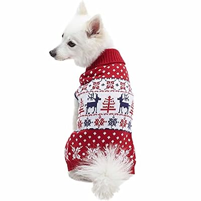 Blueberry Pet Ugly Christmas Reindeer Dog Sweater Turtleneck Holiday Family Matching Clothes for Dog, Tango Red & Navy Blue, Back Length 8, Warm Winter Outfit for Small Dogs