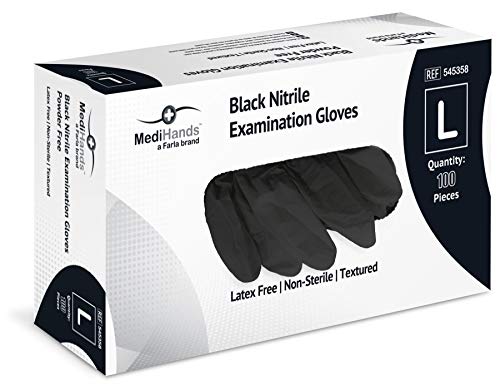 MediHands Black Nitrile Gloves | Powder Free | Latex Free | Large | Pack of 100