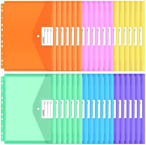 EOOUT 30pcs Binder Pocket, Binder Pockets for 3 Ring, Binder Folders, 11 Holes, Letter Size, Snap Button Pouch with Label for School, Home and Office