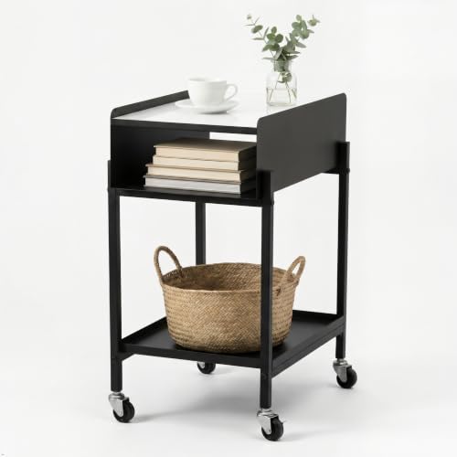 Image of Bedside Table with Wheels Rolling Nightstand 3-Tier (Black) | Modern Marble Top Easy Assembly Heavy Duty Metal Save space Bedroom Office Living Room