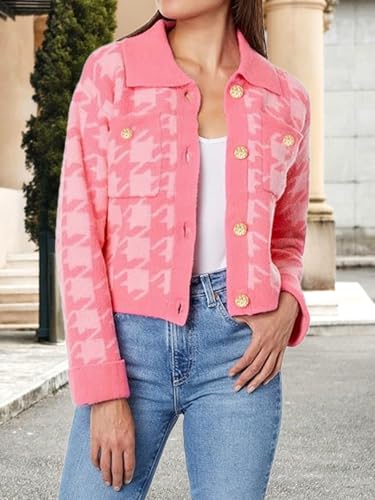 Women’s Plaid Cropped Cardigan Sweater Long Sleeve Knit Jacket with Lapel Collar Button Down Casual Coat2