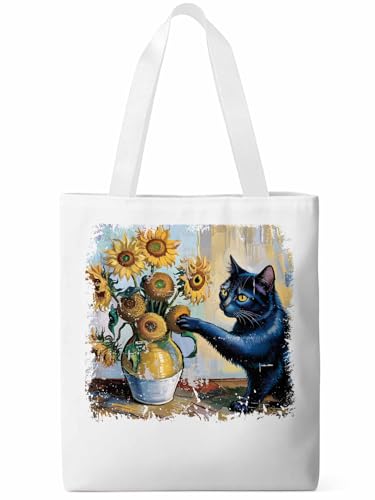 Canvas Tote Bags,Grocery Shopping Cloth Bag Retro SunFloral Cat Reusable Shoulder Bags Tote Bag for Travel Work Gym