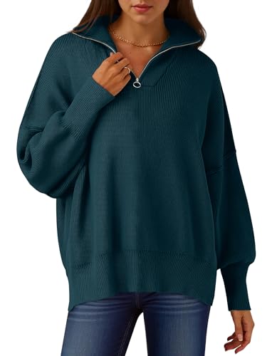 Image of ANRABESS Womens Oversized Quarter Zip Pullover Sweaters | Fall Fashion Outfits, Long Sleeve Slit Side, Baggy Loose Fit, 1 /4 Zip Lapel Collared, Ribbed Knit Soft Warm Winter Clothing