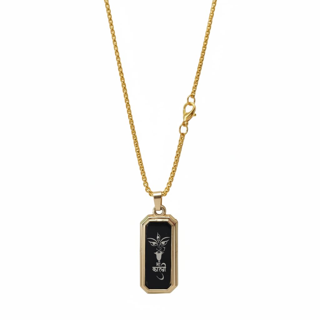 Maa Kali Pendant Necklace 15x45 mm Gold Plated | Hindu Goddess Kali Pendant with Box Chain | Stainless Steel Spiritual Jewelry for Men & Women Black And Gold S-PN-BC-SS-BL-Maa51