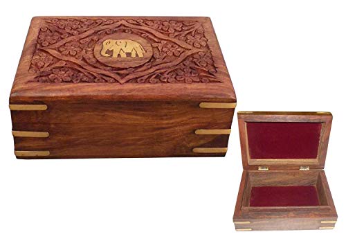 Ajuny Hand Carved Elephant Embossed Small Wooden Treasure Chest Storage Box Perfect Jewellery boxes