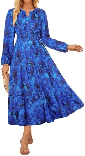 GRACE KARIN Women Fall Wedding Guest Dresses 2025 Floral Long Sleeve Maxi Dress Boho V Neck Empire Waist Dress