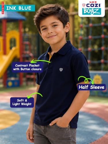 Image of Lux Cozi Boy's Polycotton Polo T-Shirt | Solid Collared Half Sleeve Tee for Kids | Soft Breathable Summer Wear | Casual Smart Polo T-Shirt | 3-14 Years