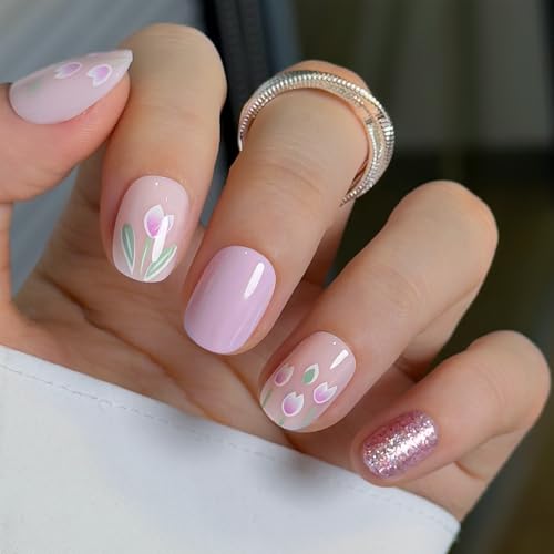 Image of CurvLife Soft Gel Square Press On Nails Extra Short, Long-Lasting Oval Reusable Fake Nails Kit with Glue & Tabs, 30pcs Salon-Quality Stick On Nails for Women At-Home Manicure (Tulip Whisper)