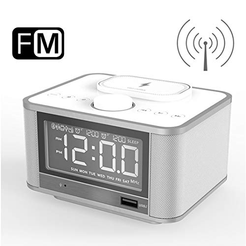 Preisvergleich Produktbild QI Handy Kabelloses Laden Wecker, LCD HD Digitalanzeige Bluetooth Lautsprecher Nachttisch Weckeren, FM-Radio Highlight einstellbar LED Snooze Tischuhr,Weiß