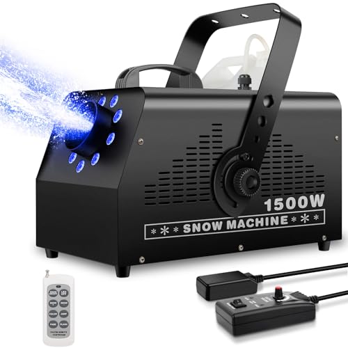 fake snow machine with 9leds light - 1500w artificial snow making machine with 7 color lights effect snowflake maker by remote control for kids wedding party stage christmas decorations