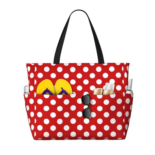 Waterproof Sandproof Beach Bag White Polka Dot Bright Red Swim Large Tote Pool Bag For Women With Zipper