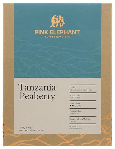 Pink Elephant Coffee Roasters Coffee Tanzania Peaberry Light Medium Roast, 12 OZ Bag - Flavor Notes of Citrus, Caramel & Dried Figs - Sourced from Mount Kilmanjaro - Roasted Whole Beans