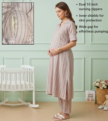 Image of DUMMY SHAPE Feeding Dresses for Women Full Set | Cotton Blend Maternity Kurta Pant Suit with Dual Nursing Zippers, Side Pocket to Pre & Post Pregnancy | Mom to Be Gifts