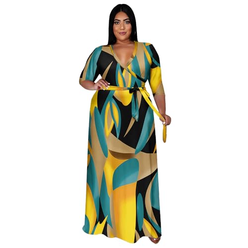 Image of Runwind Plus Size Dresses for Women Floral Maxi Dress Flowy 3 /4 Sleeve with Belt