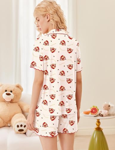 Image of Ekouaer Button Up Pajamas Set for Women Short Sleeve Ribbed Knit Sleepwear 2 Piece Pjs Shorts Set