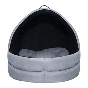 Mellifluous Small Size Dog & Cat Cave Velvet Pet Bed (Small, Grey-Black)