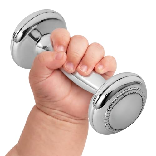 Image of Dumbbell 925 Sterling Silver Dumbbell Baby Rattle | non tarnishing, 0-12 months, engravable, gift boxed, baby shower, christening, newborn keepsake