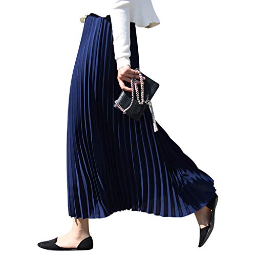 Camilife Damen Mädchen Plisseerock in Maxilänge Plissee-Maxirock Elastische Chiffon Langer Faltenrock Elastischer Bund für Frühling Sommer Herbst - 90cm Einfarbig Dunkelblau