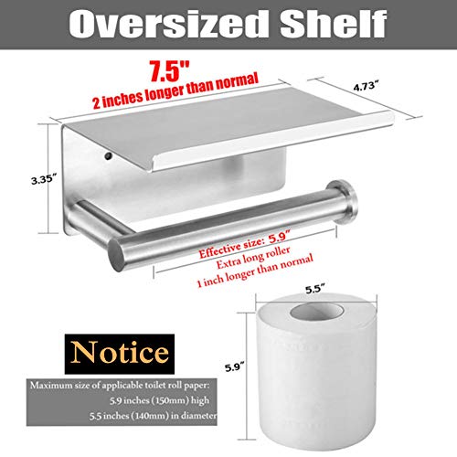 Upgrade Toilet Paper Roll Holder With Anti-Drop Oversized Phone Shelf,Self Adhesive Stainless Steel Tissue Paper Holder For Bathroom,Wall Mounted With Adhesive Pad No Drilling Or Screws,Brushed #TOP1