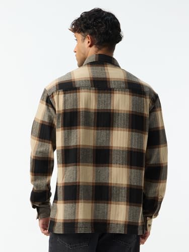 Image of The Souled Store: Sea-Side Men and Boys Long Sleeve Spread Collar Black and Tan Plaid Print Cotton Lightweight Easy to Style Everyday Office Wear Relaxed Shirt