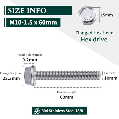 Image of M10-1.5 x 60mm Hex Flange Bolt (2.36 inch Thread Length), DIN6921, Serrated Locking Flange, 304 Stainless Steel, UNC Full Thread, 8-Pack