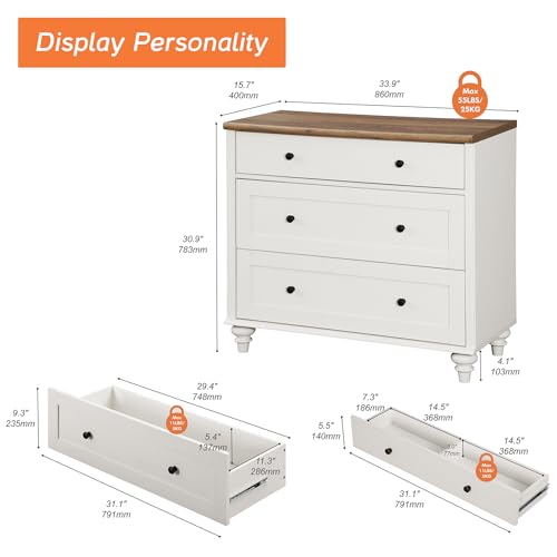 Image of WAMPAT Dresser for Bedroom with 3 Drawers, Kids Dressers with Wide Chest of Drawers, Mid Century Modern Wooden Closet Storage Organizer for Living Room, Nursery, Hallway, White