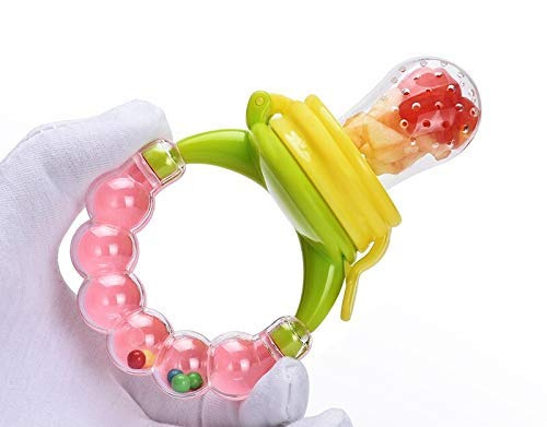 Image of BabyGo Organic Baby's BPA-Free Silicone Nipple Food Nibbler for Fruits with Rattle Handle(6-12 Months) Silicone BPA Free Natural Organic Nipple Teether for Babies (Combo) (Multicolor)