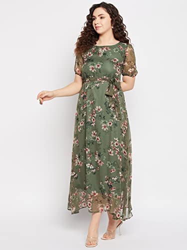 Image of SEREIN Fashfun Women's Maxi Dress (Green Floral Printed Chiffon Dress with Short Puff Sleeve)