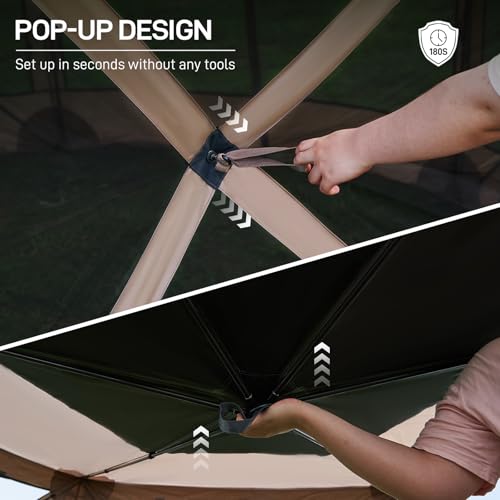 EVER ADVANCED Pop Up Gazebo Screen House Tent for Camping 11.5 ft for 8-10 Person Instant Canopy Shelter with Netting Portable for Outdoor, Backyard, Brown