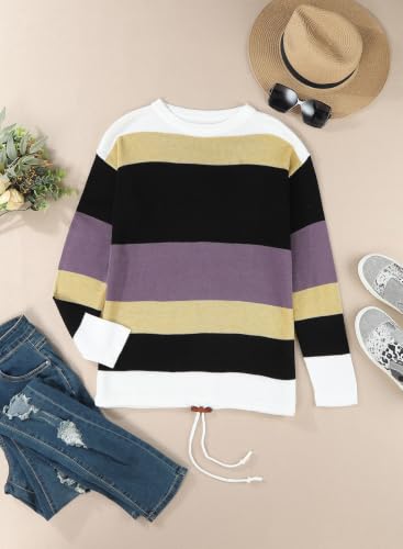 Image of Dokotoo Womens Sweaters Striped Fall Winter Outfits Drawstring Color Block | Long Sleeve,Crewneck,Lightweight Fashion Clothing,Teachers Comfy Outfits,Business Casual Tops,Vacation Wear