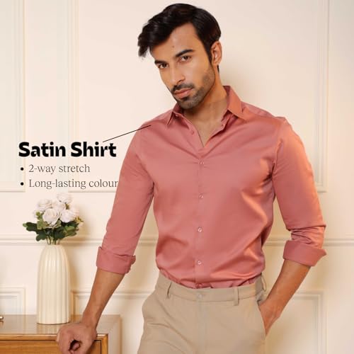 Image of SUBTRACT Men's Slim Fit Solid Spread Collar Cotton Satin Evening Shirt | Stylish Men's Wear Shirt for Office or Party