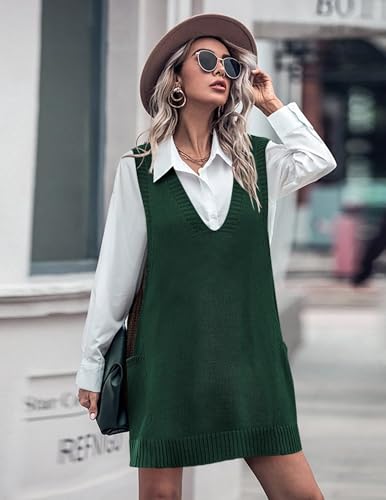 Image of HOTOUCH Women Sweater Vest Oversized V Neck Sleeveless Knit Pullover Ribbed Vest Dress with Pockets