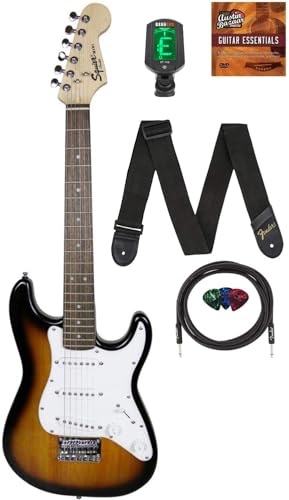 Fender Squier 3/4 Size Kids Mini Strat Electric Guitar Learn-to-Play Bundle with Tuner, Strap, Picks, Fender Play Online Lessons, and Austin Bazaar Instructional DVD - Brown Sunburst