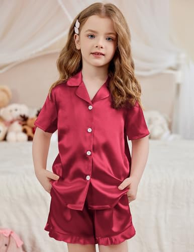 Image of Arshiner Girls Pajamas Silk Satin Pajama Set Button Pjs Ruffle Sleepwear | 2 Piece Nightwear, Silky Soft Lounge for Little & Big Kids, Ideal for Sleeping and Sleepover Party