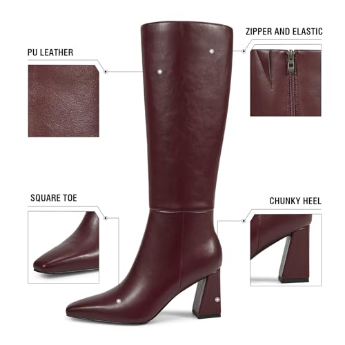 ISNOM Knee High Boots for Women Chunky Tall Boots Square Toe Long Boots with Side Zipper Block Heeled PU Leather Boot Womens Fall Winter Boot Fashion Dress Date Party3