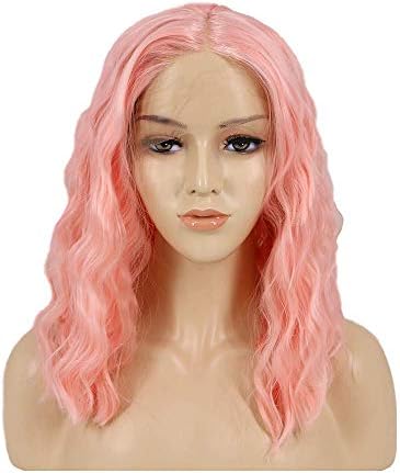 Pink 14 Inch Wave Short Hair Heat Resistant Synthetic Hair 150 Density Replacement Wig Glueless Lace Frontal Wig For Women Half Hand Tied Cosplay