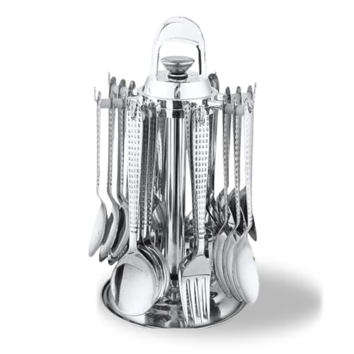 Image of Premium Stainless Steel Cutlery Set - Set of 24 (6 Dinner Spoons, 6 Dinner Forks, 6 Tea Spoons, 6 Soup Spoons, 1 Stand) | Silver Round Spoons Set Cutlery Set for Dining Table