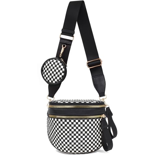 Vegan Leather Crossbody Bags for Women Travel Bum Bag Mom Bag (Black&white Checkered)