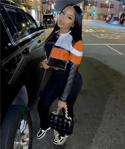 Ksotutm Women's Leather Bomber Motorcycle Jacket, Black, Long, Classic Fit, All Season, Casual, Party2