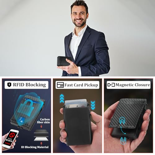 RFID Blocking Wallet for Men,Slim Minimalist Pop Up Card Holder Wallets with Money Clip & ID Window,Holds 9-11 Cards,Carbon Fiber Design,Great for Birthday & Father’s Day Gifts(Black)4