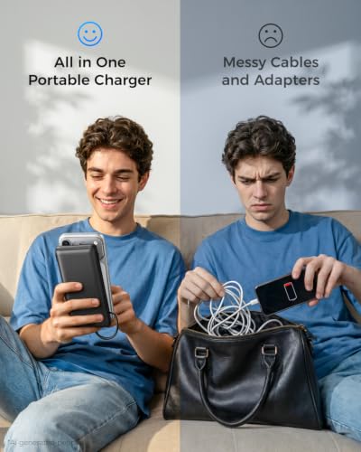 Image of VEGER Portable Charger with Built-in AC Plug and Cables, All in One 10000mAh Ultra Slim Power Bank Travel Essentials, USB C External Battery Pack Compatible with iPhone, Samsung, Android, Black
