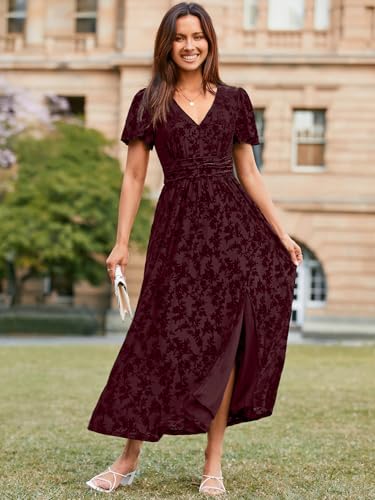 Image of Simplee Women's Velvet Maxi Dress V Neck Short Sleeve Empire Waist Semi Formal Long Cocktail Dresses
