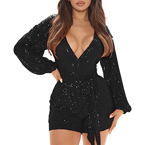 SLENDIPLUS Macacão feminino de manga comprida com lantejoulas e gola V slim fit body de festa sexy c