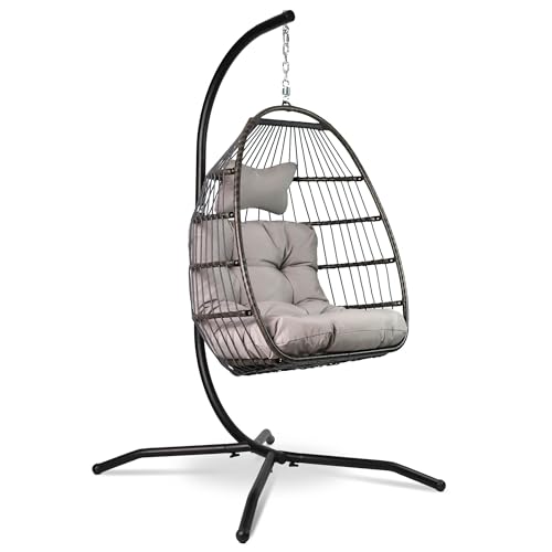 Vita5 Silla Colgante de Jardín – Silla Huevo con Cojìn y Almohadilla para Descansar   Columpio Colgante para Interior y Exterior   Silla Plegable   Estructura Metálica Carga máx. 150 kg   Gris Claro