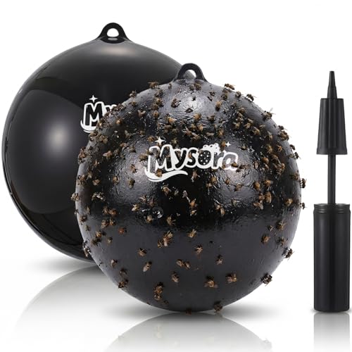 Mysora 2 Pack Fly Trap Balls Outdoor Hanging Insect Trap with Air Pump Reusable Sticky Fly Catcher for Farm Orchard Yard Garden Patio (Glue Not Included)