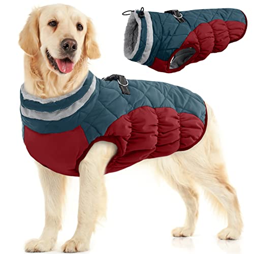 Image of FUAMEY Dog Coat for Large Dogs, Fleece Dog Winter Jacket with Harness | Puppy Cold Weather Coats Reflective Pet Puffer Vest with Zipper Water-Resistant Warm Dogs Snowsuit Windproof Dark Blue XL