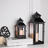 DECORKEY LED Lanterns Decorative Outdoor&Indoor, Set of 2 (17’’&11’’) Large Black Metal Lantern Decor...
