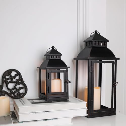 DECORKEY LED Lanterns Decorative Outdoor&Indoor, Set of 2 (17’’&11’’) Large Black Metal Lantern Decor with bronze brush, Candle Holder for Porch, Patio, Garden, Balcony, Wedding Decorations (No Glass)