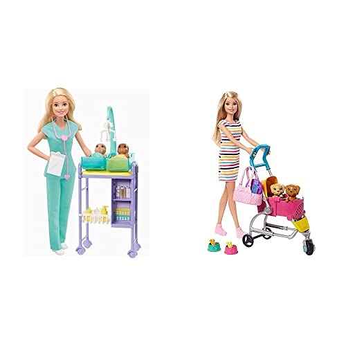 Barbie GKH23 - Kinderärztin Puppe (blond) und Spielset mit Zubehörteilen & GHV92 - Barbie Hundebuggy Spielset mit Barbie…